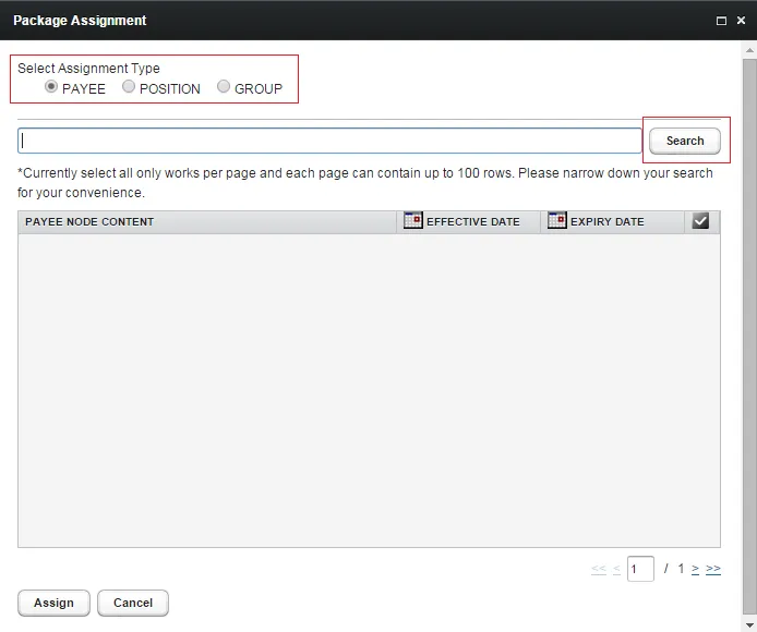 Select Assignment Type and Search Payees